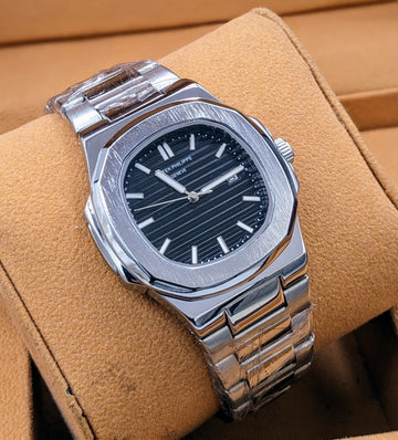 Patek Philippe style watch with black dial and stainless steel strap – elegant look