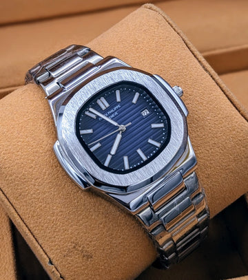 Patek Philippe style watch with blue dial and stainless steel strap – luxury design