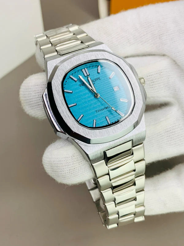 Patek Philippe style watch with sky blue dial and stainless steel strap – stylish and premium design
