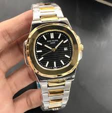 Patek Philippe style two-tone watch with black dial and stainless steel + gold bracelet – premium luxury look