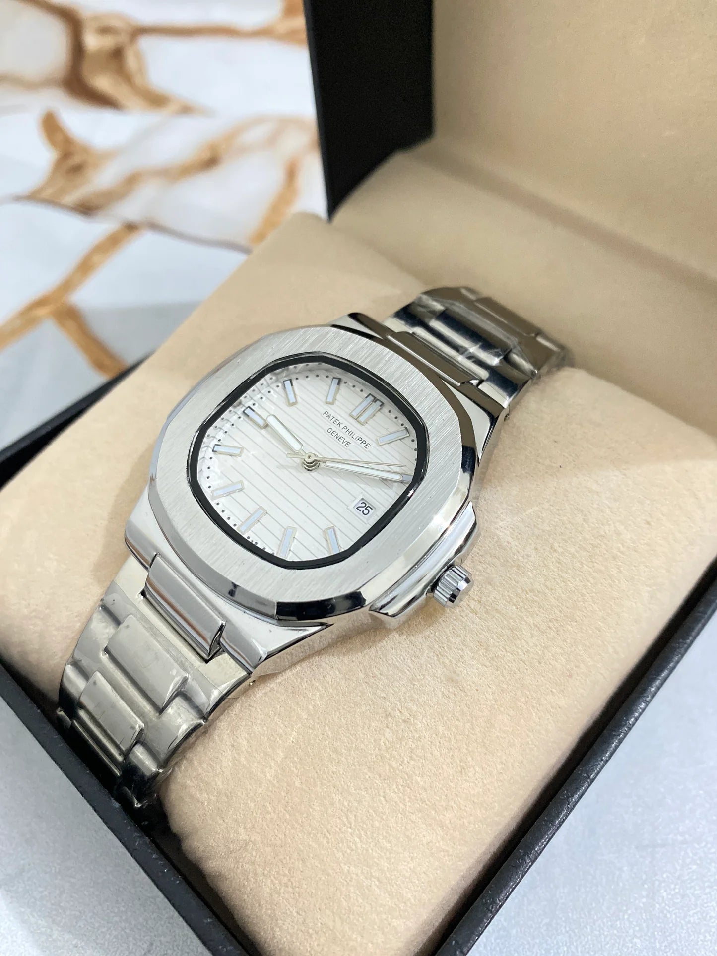 Patek Philippe style watch with white dial and stainless steel bracelet – clean premium look