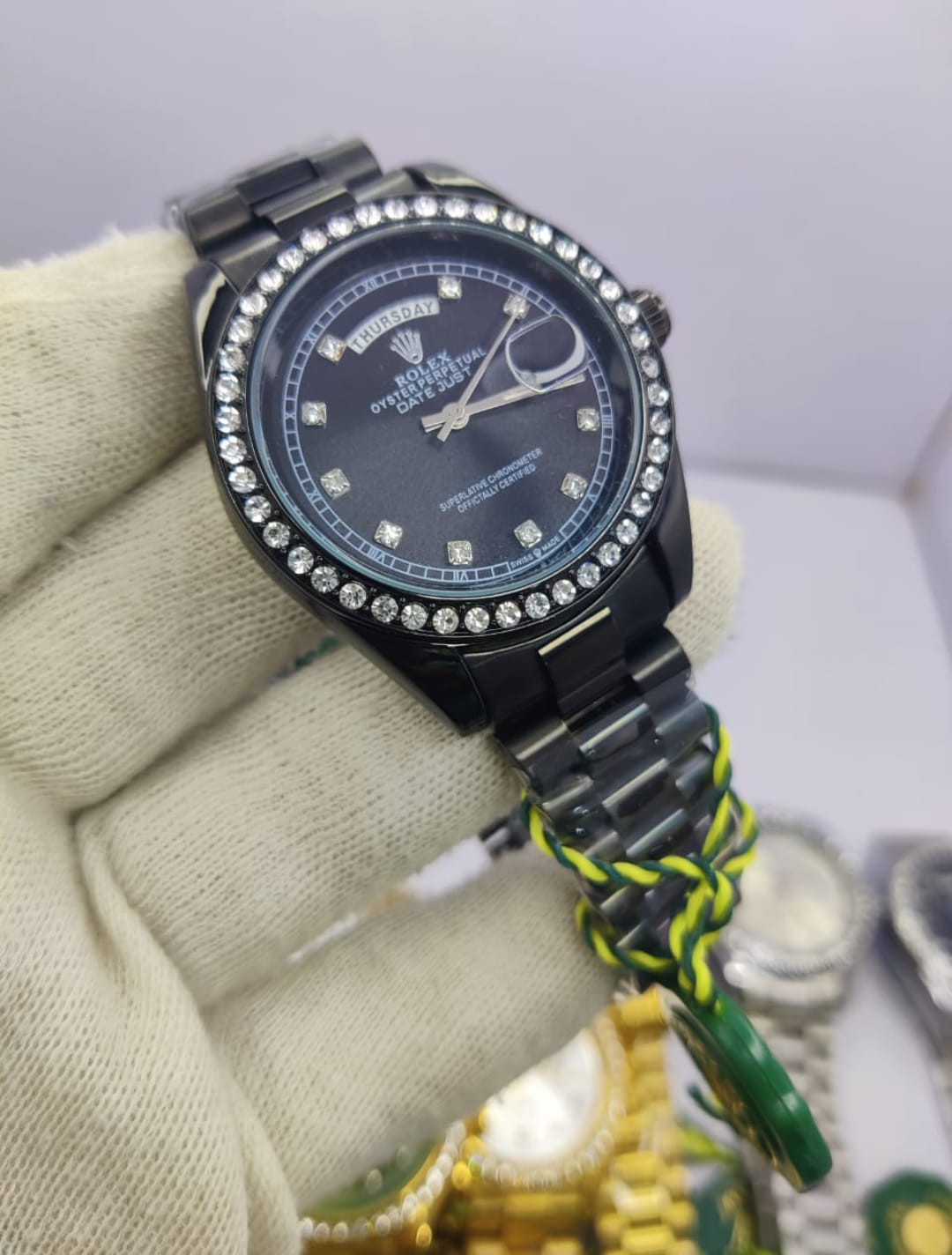 Rolex All Black Diamond-Cut Stone men’s watch with black dial