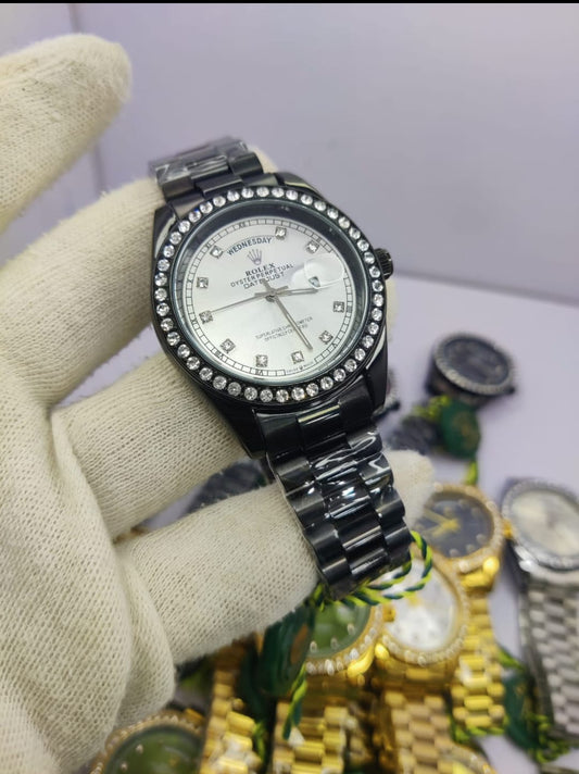 Rolex All Black Diamond-Cut Stone men’s watch with white dial