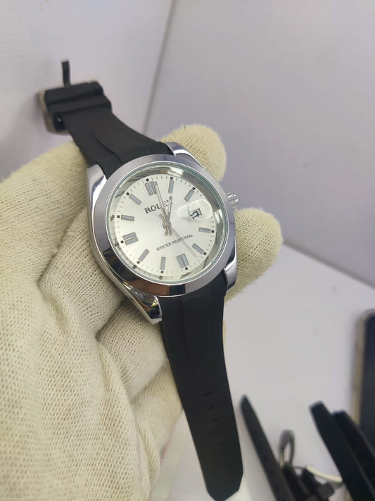 Rolex Oyster Perpetual men’s watch with white dial and rubber strap