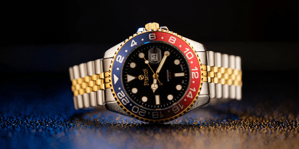 Seastar Deepsea Pepsi watch with black dial, blue-red rotating bezel and stainless steel bracelet