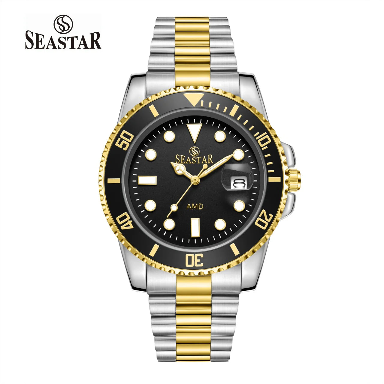 Seastar two-tone watch with black dial and stainless steel bracelet – quartz movement