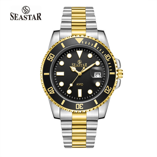 Seastar two-tone watch with black dial and stainless steel bracelet – quartz movement