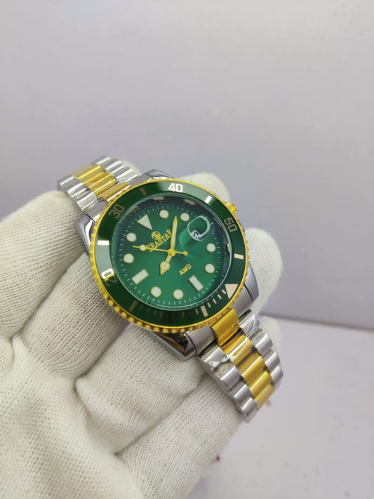 Seastar two tone watch with green dial and stainless steel bracelet